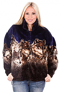 Wolf Faces Navy Plush Fleece Jacket Adult (Sm, 3X) 