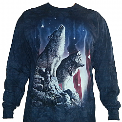 The Mountain "Falling Stars" Wolf American Flag Patriotic Wolves Long Sleeve Shirt (Med - 2X)
