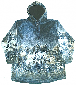 Wolf Faces Plush Fleece Hooded Wolves Jacket (Sm - 4X)