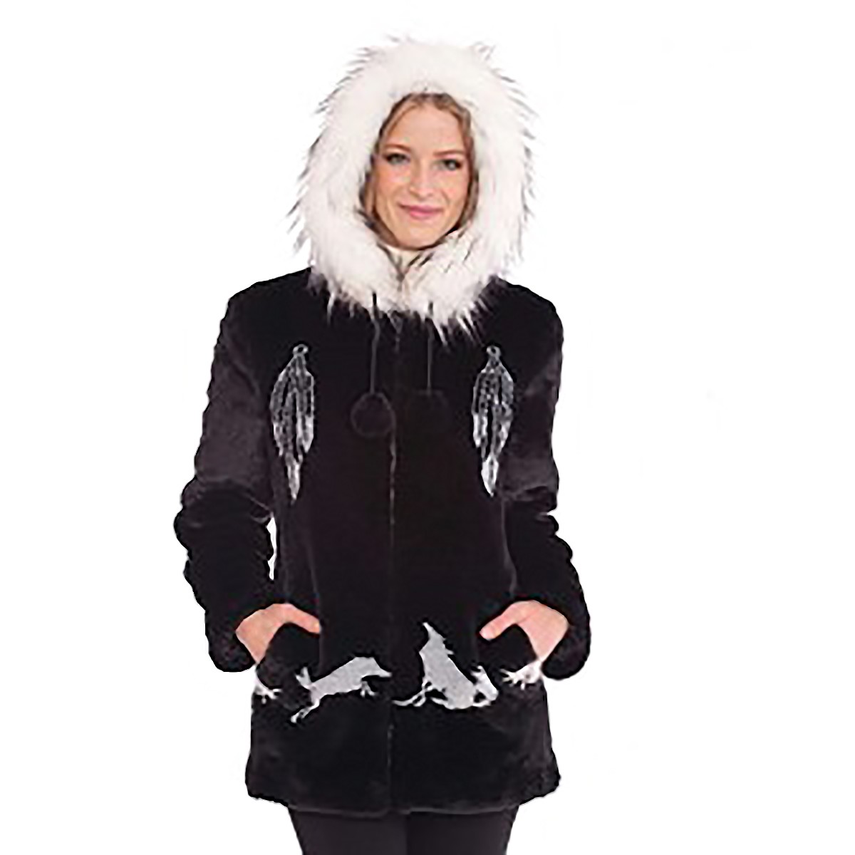 Black Mountain Dream Catcher Wolf Faux Fur Hooded Jacket with full satin lining (Sm - 2X) 