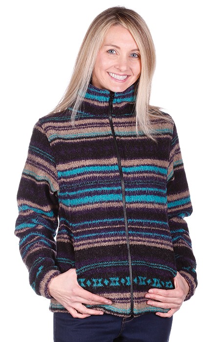 Turquoise Stripes Looped Wool / Fleece Cinchback Jacket by Bear Ridge Outfitters