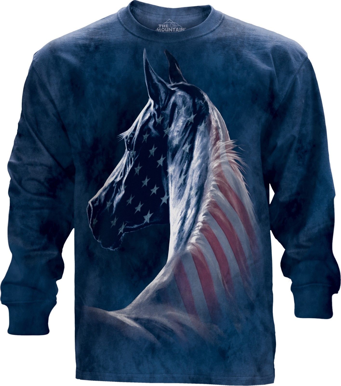 The Mountain Patriotic Horse Head USA American Flag Long Sleeve Shirt (Lg, XL)