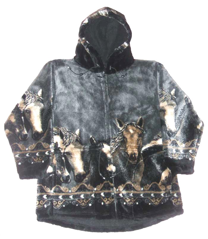 Pewter Horses Hooded Plush Fleece Jacket with Hood Adult (XS, SM)