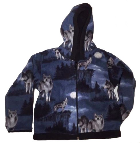 Kids Blue Wolf Hooded Reversible Fleece Jacket with Wolves Child &amp; Junior Sizes
