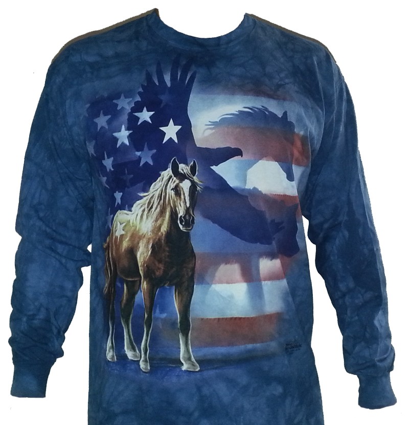 The Mountain Wild Star Flag Horse Eagle Wolf American Flag Patriotic Long Sleeve Shirt (Med - 3x)